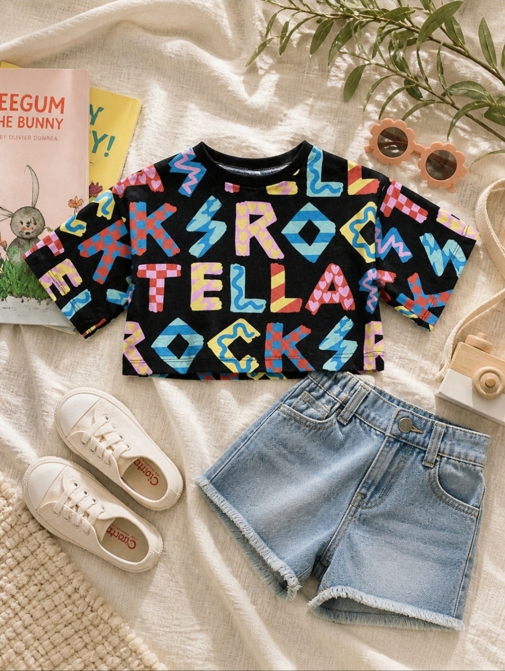 Stella McCartney Kids Stella Rocks Crop Tee 3Y Black Multicolor Logo Shirt